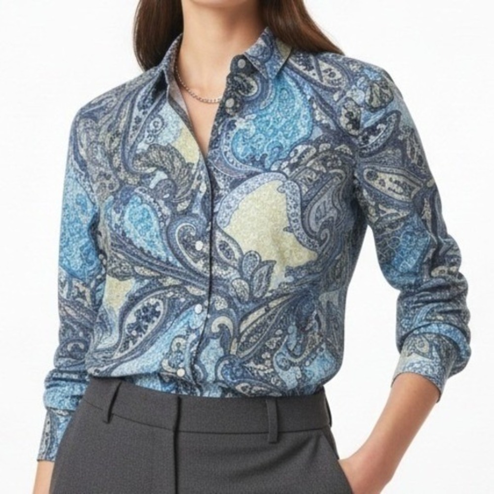Chico's Button-Up Blouse Size 1 Medium Paisley Print 100% Cotton Long Sleeve